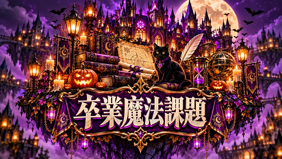 紫の城と魔法書を描いた卒業魔法課題