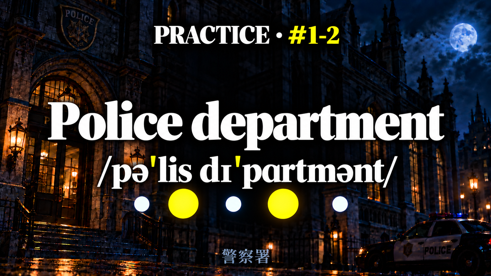 Police department /pəˈlis dɪˈpɑrtmənt/ と控えめな日本語訳を載せた練習スライド