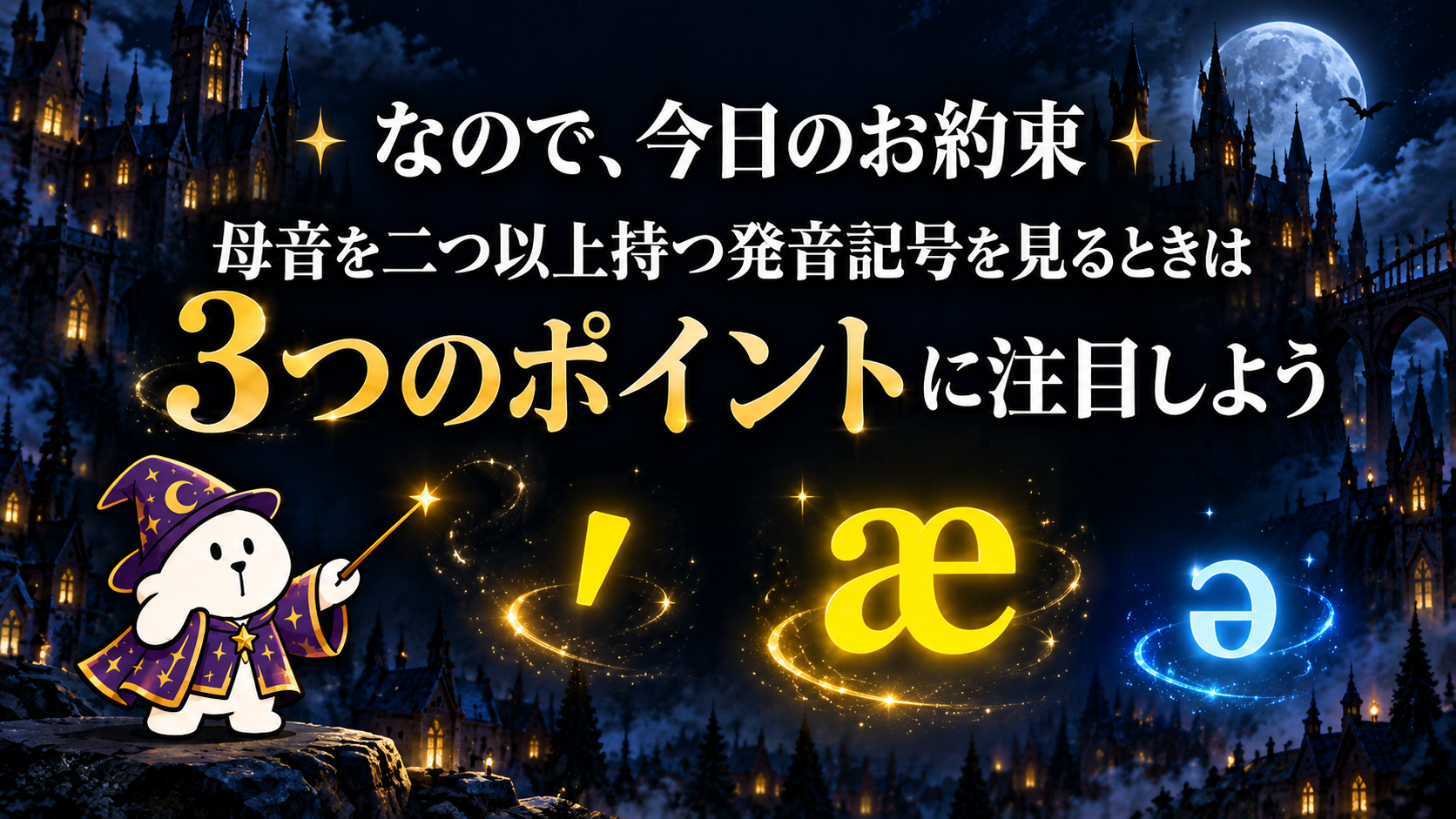 EIMARI DOGGと強勢記号、長く読む母音、無強勢母音の3つのシンボルで今日のお約束を紹介するスライド